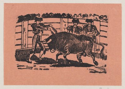Ein Torero platziert Banderillas in die Schultern des Stiers, während zwei Männer hinter dem Stier stehen tekijältä José Guadalupe Posada
