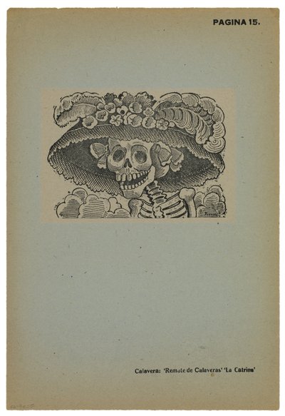 Calavera de la Catrina, n. 1910, painettu 1943 (valokuvareliefi etsaus kaiverruksella) tekijältä José Guadalupe Posada
