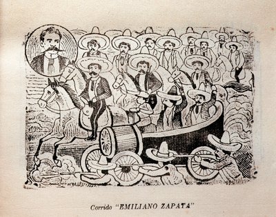 Meksiko. Meksikon vallankumous "Corrido Emiliano Zapata" (kaiverrus) tekijältä José Guadalupe Posada