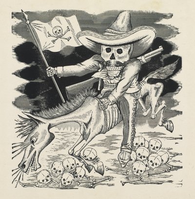 Emiliano Zapatan suuri pääkallo, n. 1911–1916, painettu 1930 (valokuvareliefi-etsaus kaiverruksella) tekijältä José Guadalupe Posada