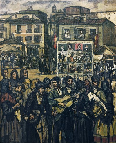 GUTIERREZ SOLANA, Jose (1886-1945). El cartel del crimen (El musico ciego) - rikoskartelli (sokea muusikko). n. 1920. (78 x 64 cm). Öljy kankaalle. Yksityiskokoelma. tekijältä Jose Gutierrez Solana