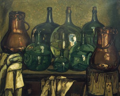 GUTIERREZ SOLANA, Jose (1886-1945). Asetelma pullon kanssa. 1927. Nykytaide. Öljy kankaalle. Yksityiskokoelma. tekijältä Jose Gutierrez Solana