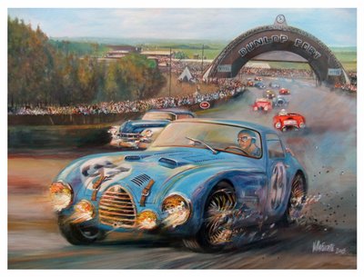 John Manuel Fangio Le Mansissa 1950 Gordini Typr 18S (akryyli kankaalle) tekijältä Jose Maria Villafuerte