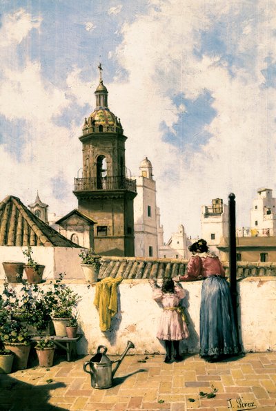 Kattoterassi Cadizissa. Äiti ja tytär luultavasti kastelevat kasveja kastelukannulla keskellä terassia. Jose PEREZ SIGUIMBOSCUMIN maalaus (1800-luku), 1800-luvun loppu Öljy kankaalle. Cadiz, Museo Provincial de Cadiz. tekijältä Jose Perez Siguimboscum