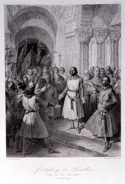Godfrey of Bouillon (n. 1060-1100) Jerusalemin kuninkaaksi valittu, Leopold Massardin (1812-89) kaiverrus (kaiverrus) tekijältä Jose de (after) Madrazo y Garreta
