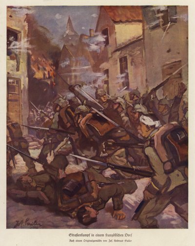 Katutaistelu ranskalaisessa kylässä, ensimmäinen maailmansota (väri litho) tekijältä Josef Andreas Sailer
