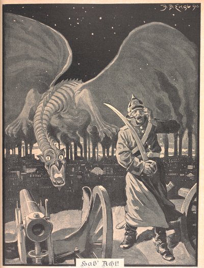 Piirustus runoon "Like Night". Lohikäärme, jota tuottaa tehtaiden savu, saksalaisen sotilaan takana. Surrealistinen kohtaus. tekijältä Josef Benedikt engl