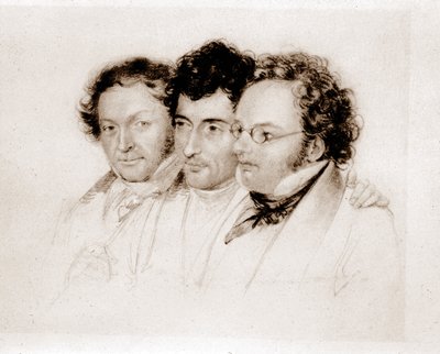 Vasemmalta oikealle: Jenger, Httenbrenner ja F. Schubert. Feltscherin Acquarelle. tekijältä Josef Eduard Teltscher