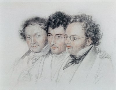 Vasemmalta oikealle säveltäjien Johann Baptist Jengerin (1793-1856), Anselm Huttenbrennerin (1794-1868) ja Franz Schubertin (1797-1828) ystävät, pastelli Josef Teltscher tekijältä Josef Eduard Teltscher