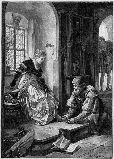 Eva Hans Sachsin työpajassa (Oopperan "Die Meistersinger von Nurnberg" III näytös", ranskaksi Richard Wagnerin "Nürnbergin mestarilaulajat", kirjoitettu 1868) Joseph Fluggenin maalauksen perusteella. Kaiverrus kirjaan "Kuvallinen maailma" tekijältä Josef Fluggen