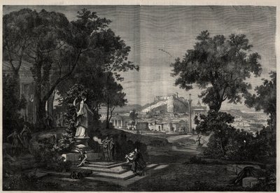 Muinainen Kreikka: näkymä Venus a Athenen puutarhaan. Kaiverrus Joseph Hoffmannin maalauksen jälkeen teoksessa "The Illustrous Universe" tekijältä Josef Hoffman