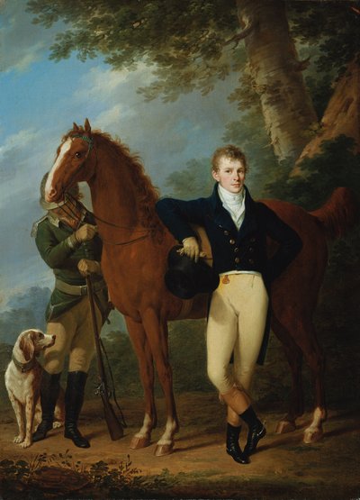 Kellon perustaja Johann Caspar Hofbauer hevosen ja metsästäjän kanssa tekijältä Josef Kreutzinger
