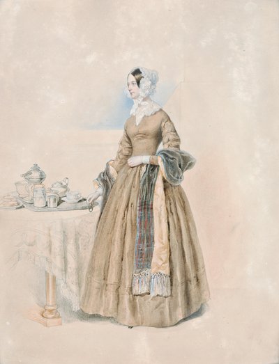 Prinsessa Leopoldine Karoline Palffyn muotokuva, s. Kreivitär Kaunitz-Rietberg (kolmannen prinssi Anton Karl Palffyn vaimo) seisomassa katetussa teepöydässä tekijältä Josef Kriehuber