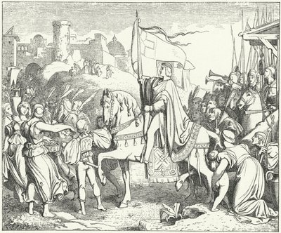 Pyhän Rooman keisari Fredrik II saapumassa Jerusalemiin, kuudes ristiretki tekijältä Josef Mathias (after) Trenkwald