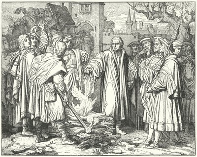 Martti Luther polttaa paavin bullan Wittenbergissä 1520 tekijältä Josef Mathias Trenkwald
