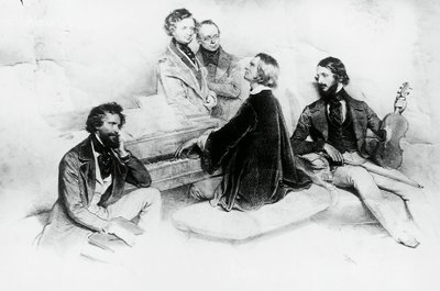 Matinee Lisztin kotona, vasemmalta oikealle, Kriehuber, säveltäjä Hector Berlioz (1803-1869), Carl Czerny (1791-1857) Lisztin opettaja, Franz Liszt (1811-1866) ja viulisti Heinrich Wilhelm Ernst (1840-1865), Lisztin Kirjailija: Josef Kriehuber (1800-1876) tekijältä Josef Nikolaus Kriehuber