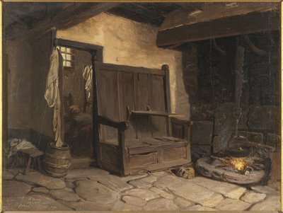 Mökin sisustus (öljy paperille kiinnitettynä masonitille) tekijältä Josef Wilhelm Wallander