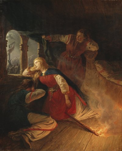 Hagbard et Signy - Hagbard ja Signy, kirjoittanut Wallander, Josef Wilhelm (1821-1888). Öljy kankaalle tekijältä Josef Wilhelm Wallander