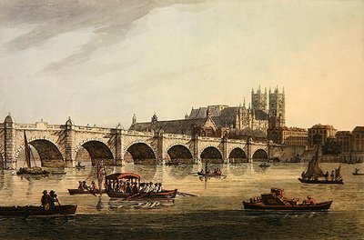 Näkymä Westminster Bridgestä, Abbeystä ja Hallista, J.C. Stadlerin kaiverrus tekijältä Joseph (after) Farington