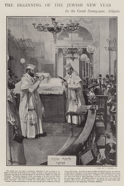 Juhlitaan juutalaisen uudenvuoden alkua suuressa synagogassa, Aldgate, Lontoo (litho) tekijältä Joseph (after) Finnemore