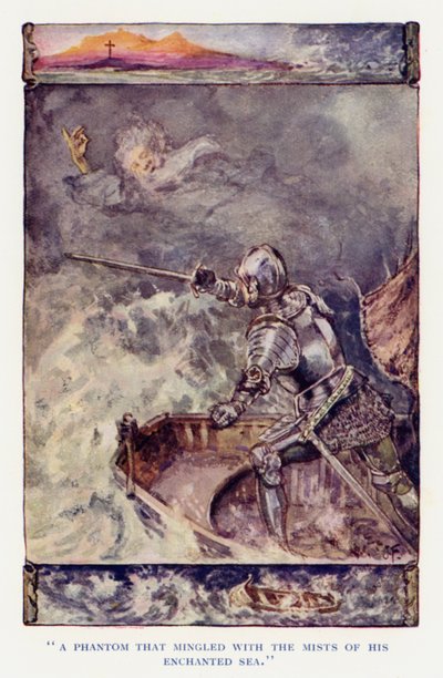 Sir Knight of the Splendid Way -kirjan kuvitus (värilitografia) tekijältä Joseph (after) Finnemore