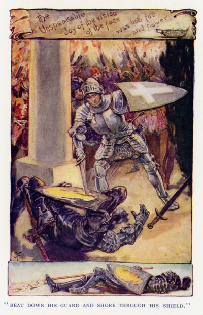 Sir Knight of the Splendid Way -kirjan kuvitus (värilitografia) tekijältä Joseph (after) Finnemore