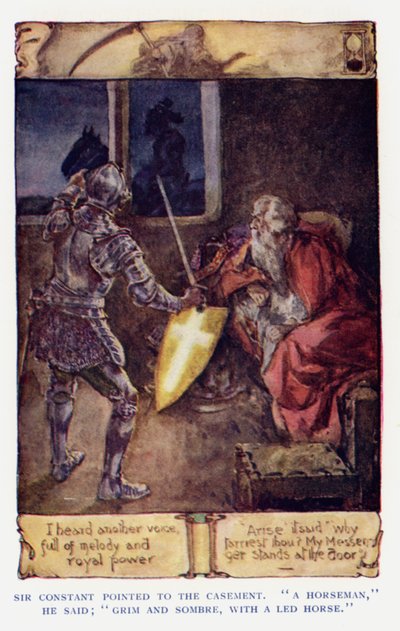 Sir Knight of the Splendid Way -kirjan kuvitus (värilitografia) tekijältä Joseph (after) Finnemore