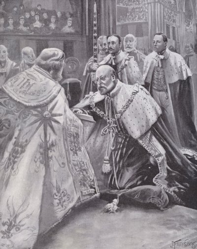 Kuningas Edward VII vannoi valan kruunajaisissaan Westminster Abbeyssa Lontoossa tekijältä Joseph (after) Finnemore