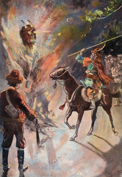 Robinson Crusoe: Hammaskivi-idolin tuhoaminen (väri litho) tekijältä Joseph (after) Finnemore