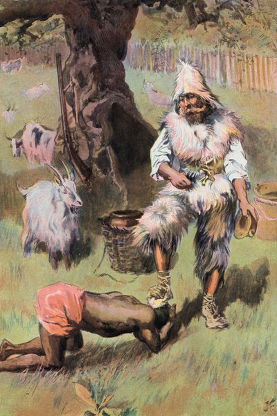 Robinson Crusoe: Hän asettaa jalkani päänsä päälle (väri litho) tekijältä Joseph (after) Finnemore