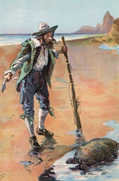 Robinson Crusoe: Löysin kilpikonnan (väri litho) tekijältä Joseph (after) Finnemore