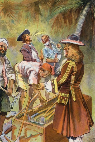 Robinson Crusoe: Annoin jokaiselle miehelle kaivulapion (väri litho) tekijältä Joseph (after) Finnemore
