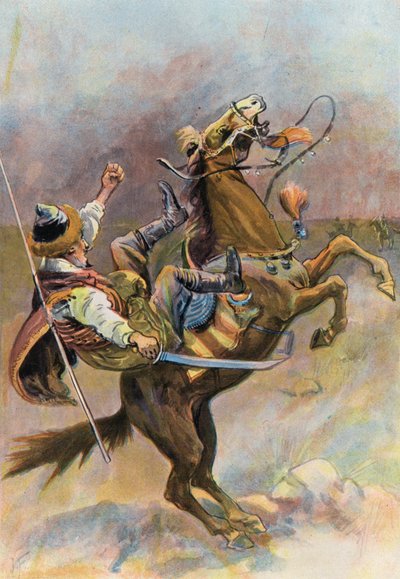 Robinson Crusoe: Hevonen heitti hammaskiven alas ja putosi hänen päälleen (väri litho) tekijältä Joseph (after) Finnemore