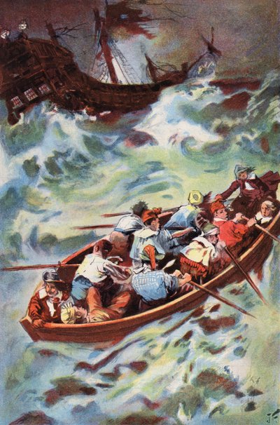 Robinson Crusoe: Jätämme hylyn (väri litho) tekijältä Joseph (after) Finnemore