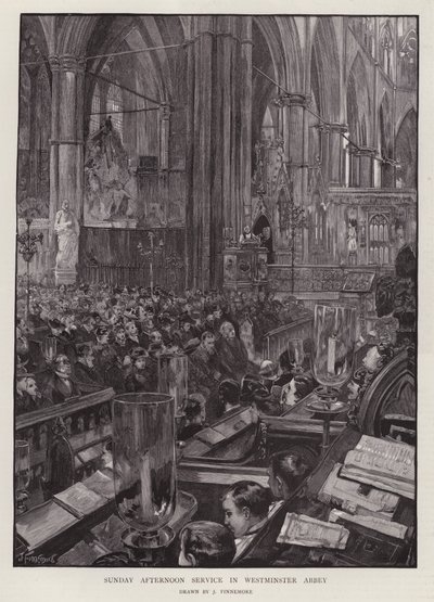 Sunnuntai-iltapäivän jumalanpalvelus Westminster Abbeyssa, Lontoossa (litho) tekijältä Joseph (after) Finnemore