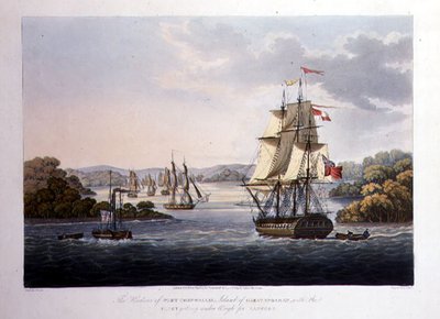 Port Cornwallisin satama. Suurten Andamaanien saari, jossa laivasto on jäämässä alle painon Rangoonille, kaiverrus G. Hunt, pubi. Kirjailija: Kingsbury & Co., Lontoo tekijältä Joseph (after) Moore