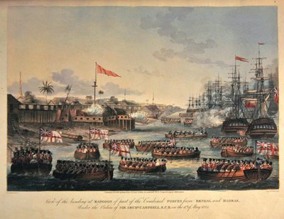 Näkymä osan Bengalin ja Madrasin yhdistettyjen joukkojen laskeutumisesta Rangoonissa Sir Archibald Campbellin käskystä 11. toukokuuta 1825, kaiverrus Henry Pyall (1795-1833) 1825 (käsinvärinen akvatinta) tekijältä Joseph (after) Moore