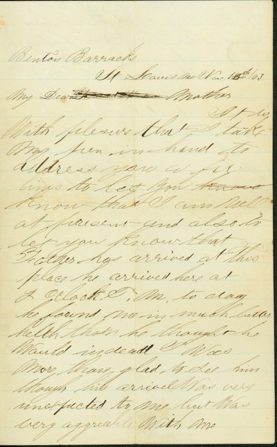 Joseph A.Fardell, Benton Barracks, St.Louis, Mo., allekirjoitettu kirje äidille 12. marraskuuta 1863 tekijältä Joseph A. Fardell