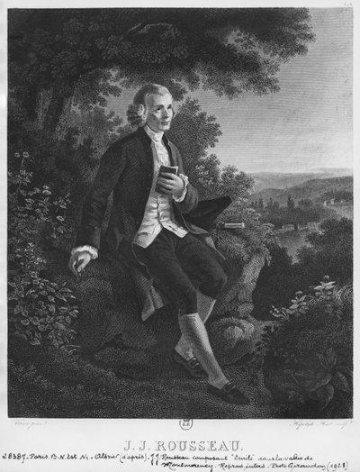 Jean-Jacques Rousseau säveltää "Emile" Montmorencyn laaksossa, kaivertanut Hippolyte Huet (1800-luku) tekijältä Joseph Albrier