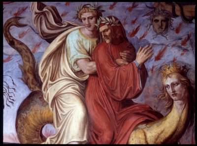 Danten jumalallinen komedia - yksityiskohta, joka edustaa kirjailijaa. Fresco: Joseph Anton Koch, kasino Massimo, Rooma tekijältä Joseph Anton Koch