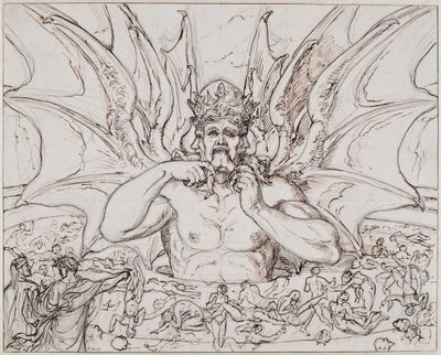 Lucifer helvetin keskustassa. Kuvitus Dante Alighierin jumalalliseen komediaan, noin 1803. tekijältä Joseph Anton Koch