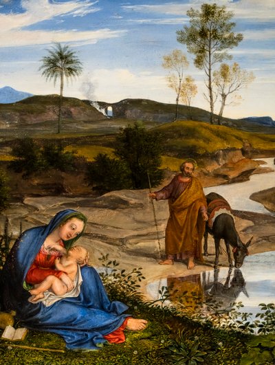 Repos pendant le fuite en Egypt, noin 1820-1825 (Öljy puulle (saksanpähkinä)) tekijältä Joseph Anton Koch