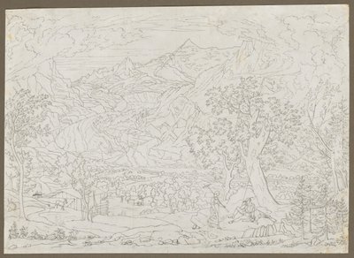 Grindelwald-jäätikkö, jossa metsästäjä ja talonpoikatyttö etualalla, n. 1823. tekijältä Joseph Anton Koch