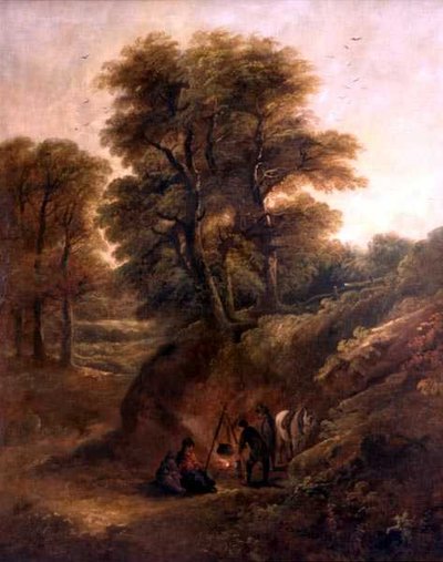 Metsäinen maisema mustalaisten kanssa tulen ympäri (öljy kankaalle) tekijältä Joseph Barker