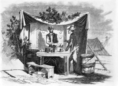 Leirikohtaukset - armeijan apteekki - sairaalan päällikkö erityistaiteilijamme Joseph Beckerin pubista tekemästä luonnoksesta. 1864 tekijältä Joseph Becker