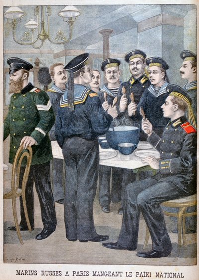 Venäjän merijalkaväen sotilaat syömässä paikia Pariisissa, 1900 tekijältä Joseph Belon