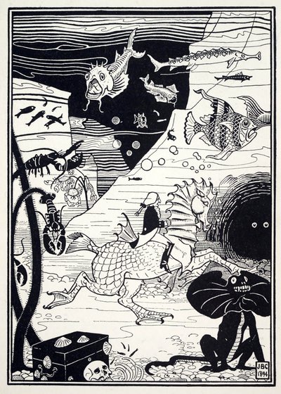Pubista The Surprising Adventures of Baron Munchausen, siellä oli suuri valikoima korkeita, jalopuita, täynnä meren hedelmiä, kuten hummereita, rapuja, ostereita. 1895 (kaiverrus) tekijältä Joseph Benwell Clark