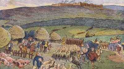Bibracte, seppien asuttama kaupunki Galliassa ja turvapaikka vaara-aikoina (väri litho) tekijältä Joseph Beuzon