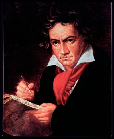 Muotokuva saksalaisesta säveltäjästä Ludwig van Beethovenista kirjoittamassa Missa solemnisia. (maalaus tekijältä Joseph Carl (after) Stieler