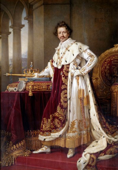 Pysyvä muotokuva Louis I:stä Baijerista (1786-1868) Joseph Karl Stielerin (1781-1858) juoksupukumaalauksessa (e.all.) 1826 su. 1,44 x 2,71 m München. Uusi Pinakothek - Baijerilaisen Ludwig I:n (1786-1868) muotokuva kruunausmekoissa. Josen maalaus tekijältä Joseph Carl Stieler